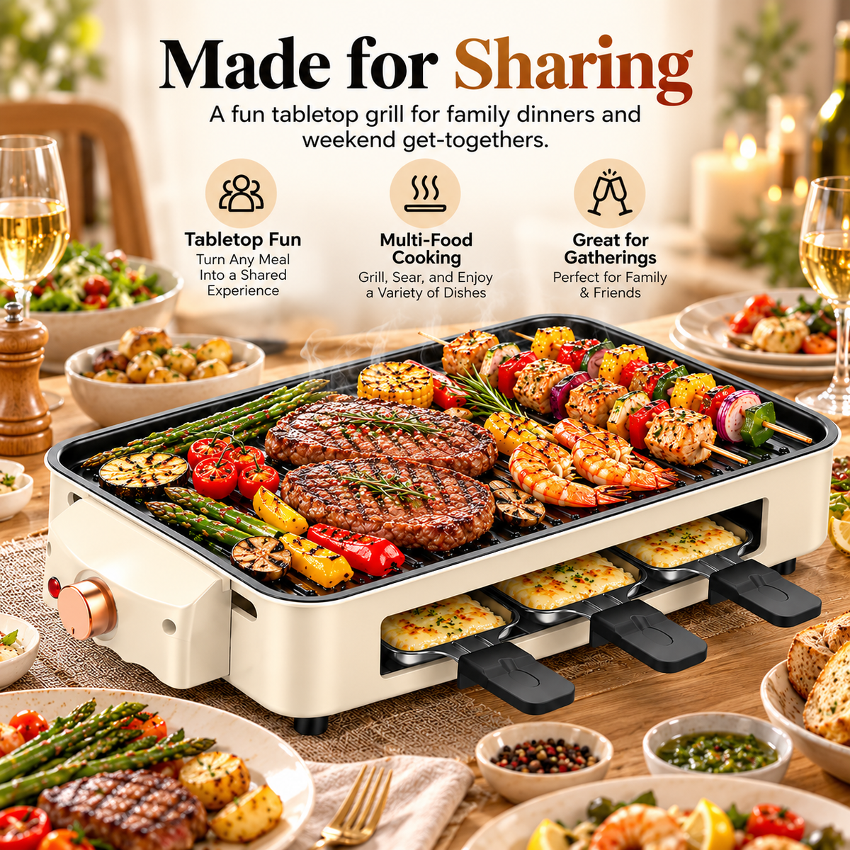 SavorNest™ – 3-in-1 Electric Tabletop Grill & Raclette Set