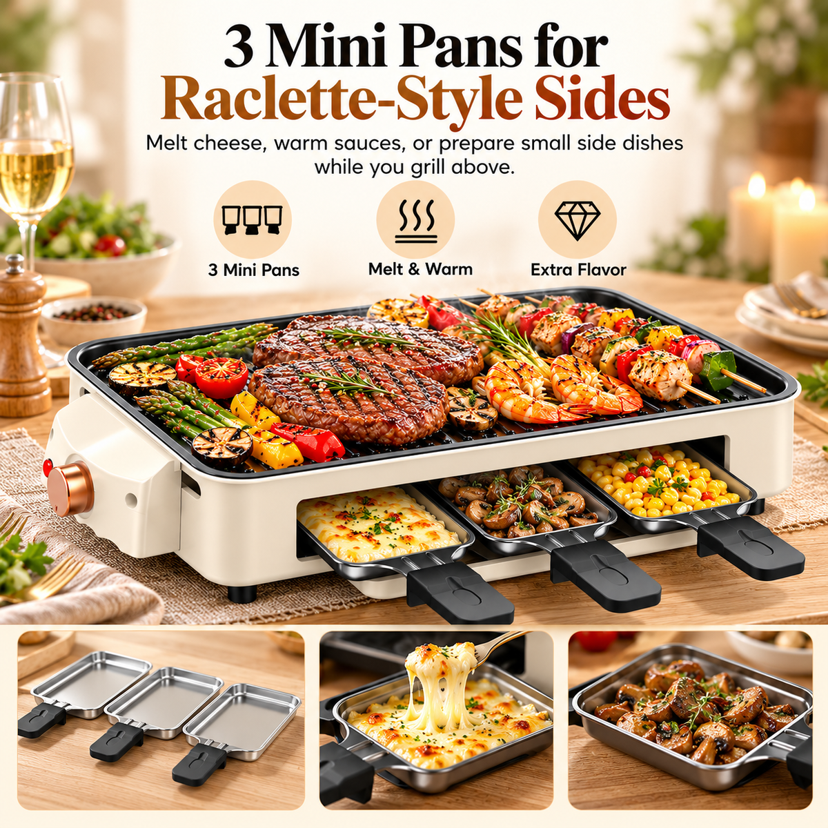 SavorNest™ – 3-in-1 Electric Tabletop Grill & Raclette Set