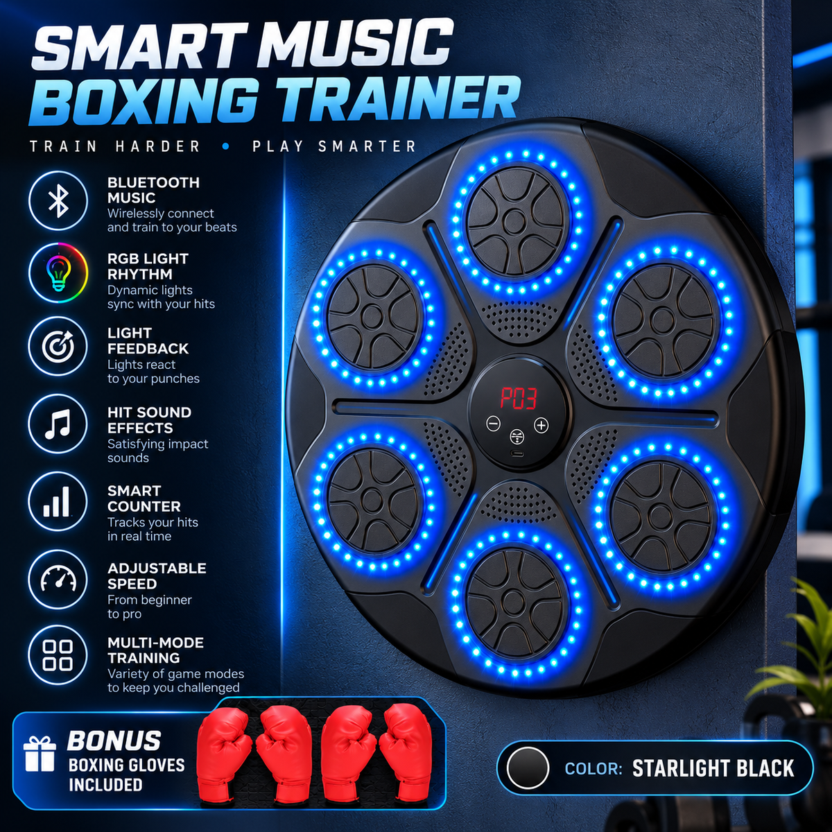 Smart Music Boxing Trainer – Interactive LED Reflex Training Machine for Home Fitness