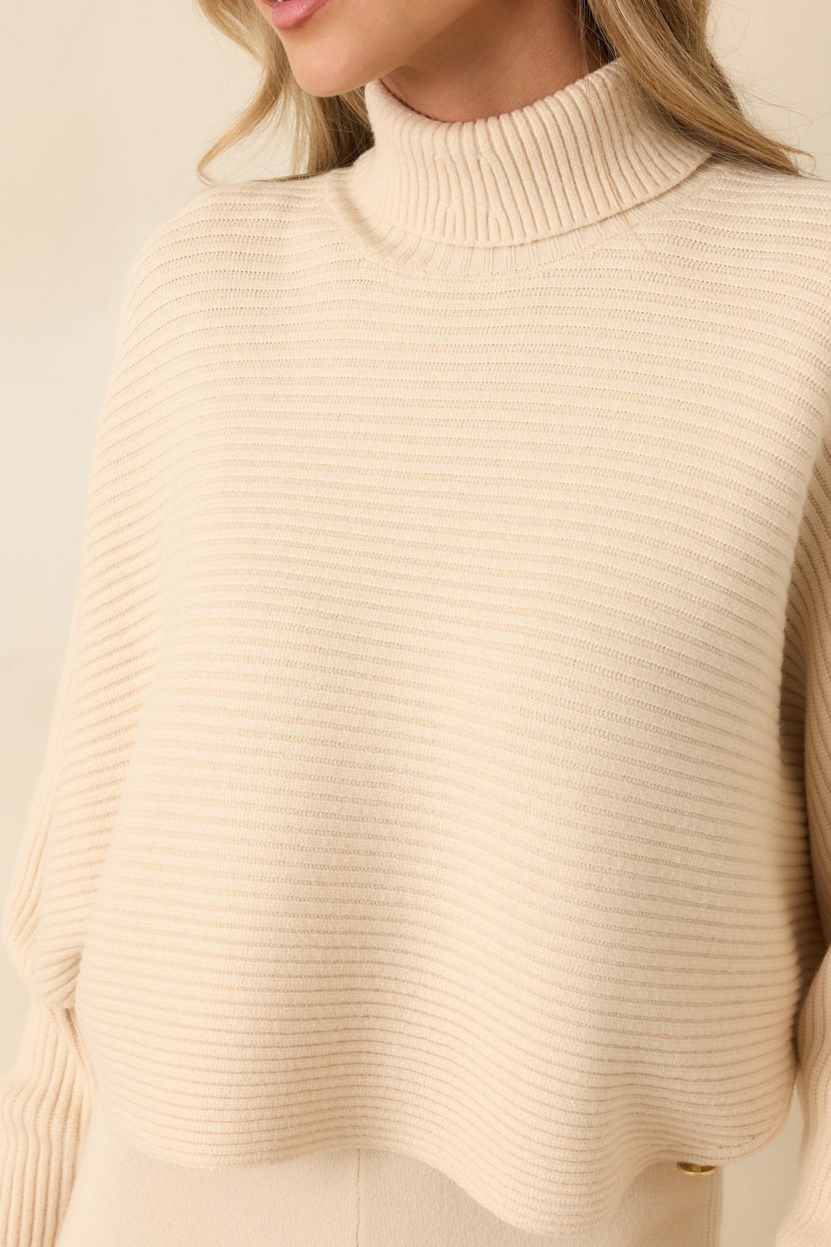 Polished Path Beige Ribbed Batwing Cropped Turtleneck Sweater
