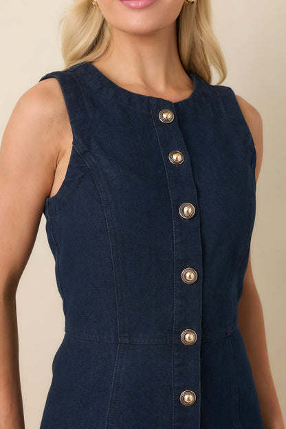 Made to Command Dark Indigo Cotton Denim Button-Front Midi Dress