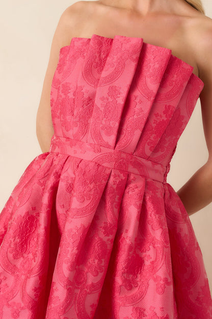 The Genevieve Hot Pink Jacquard Strapless Midi Dress
