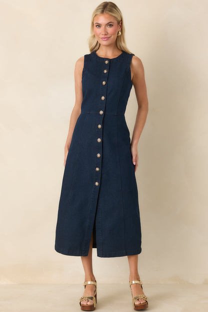 Made to Command Dark Indigo Cotton Denim Button-Front Midi Dress