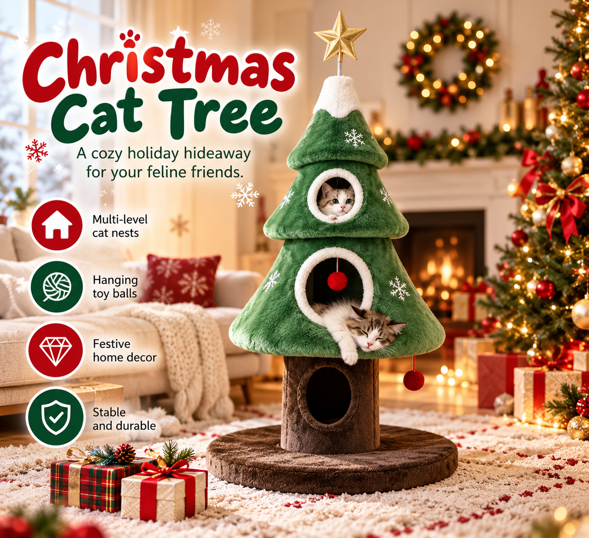 Christmas Tree Cat Tower – Cozy Multi-Level Cat Hideaway with Plush Nests & Interactive Hanging Toys