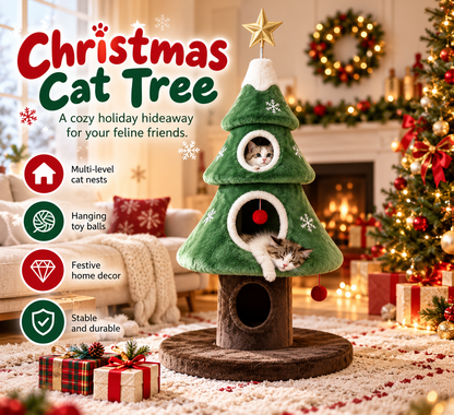 Christmas Tree Cat Tower – Cozy Multi-Level Cat Hideaway with Plush Nests & Interactive Hanging Toys