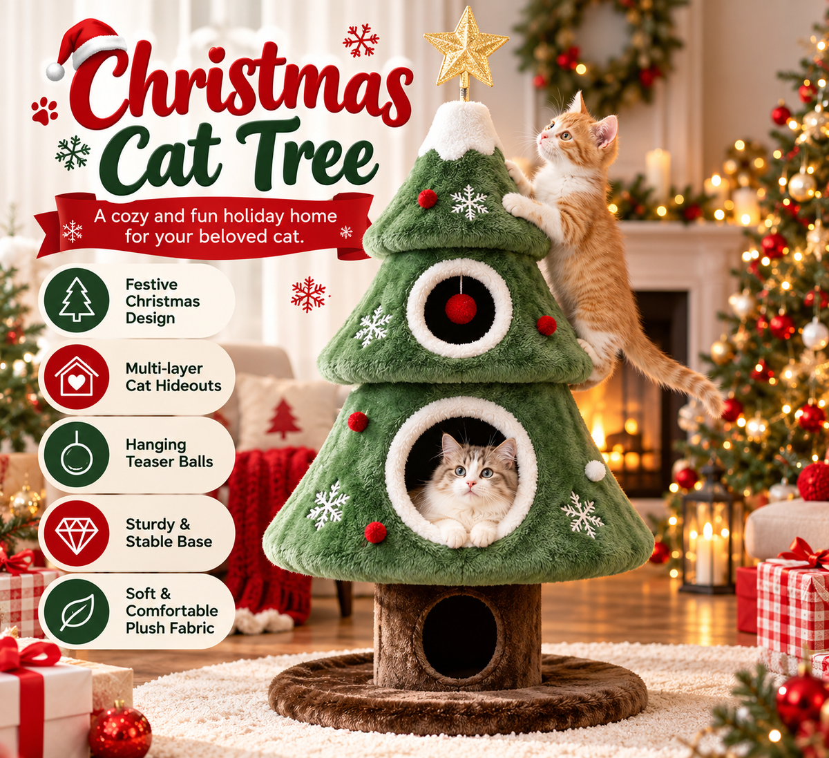 Christmas Tree Cat Tower – Cozy Multi-Level Cat Hideaway with Plush Nests & Interactive Hanging Toys