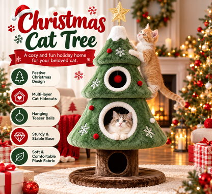 Christmas Tree Cat Tower – Cozy Multi-Level Cat Hideaway with Plush Nests & Interactive Hanging Toys
