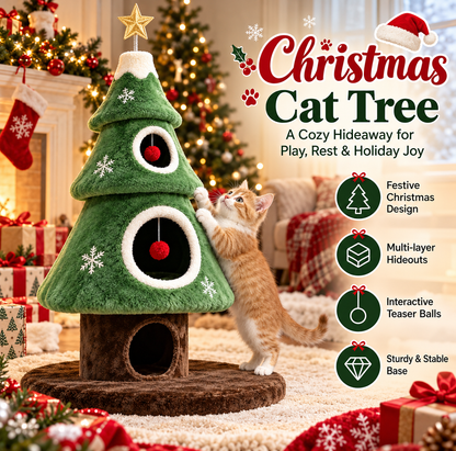 Christmas Tree Cat Tower – Cozy Multi-Level Cat Hideaway with Plush Nests & Interactive Hanging Toys