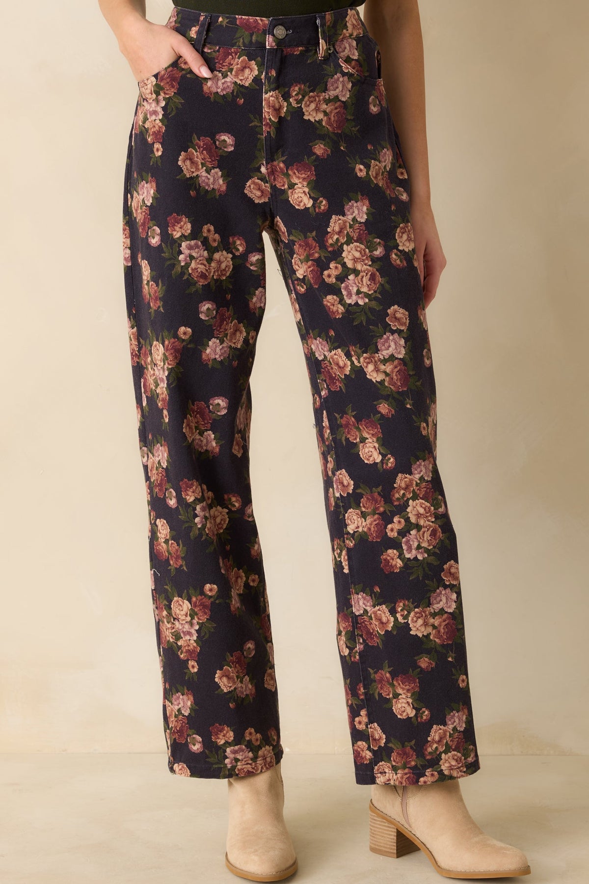 Step By Step Navy Floral Straight Leg Jeans