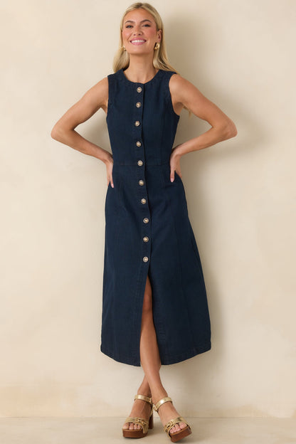 Made to Command Dark Indigo Cotton Denim Button-Front Midi Dress