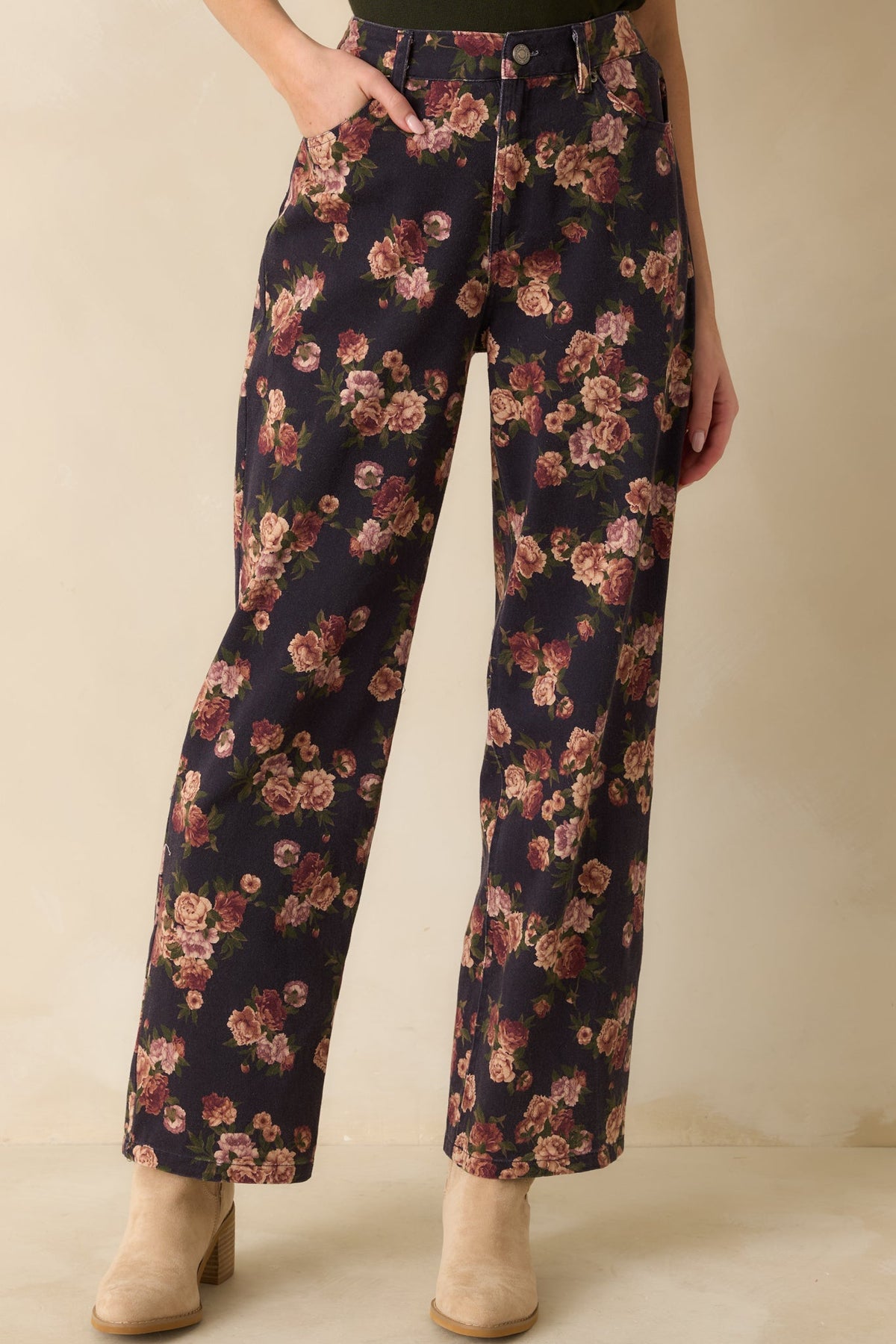 Step By Step Navy Floral Straight Leg Jeans