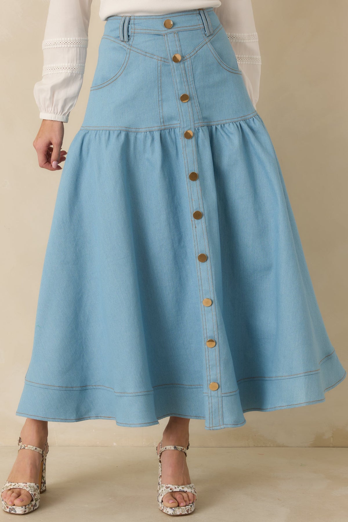 Town & Country Light Wash Denim Button-Down Maxi Skirt
