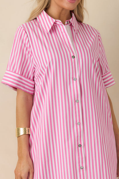 Pretty in Pinstripes Pink Cotton Stripe Button Front Maxi Shirt Dress