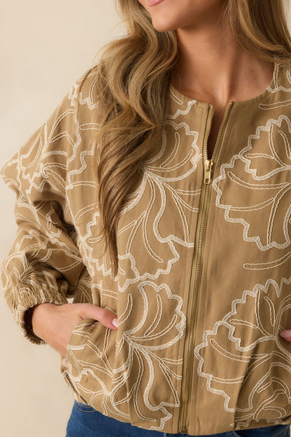 At Your Pace Tan Cotton Embroidered Zip up Jacket