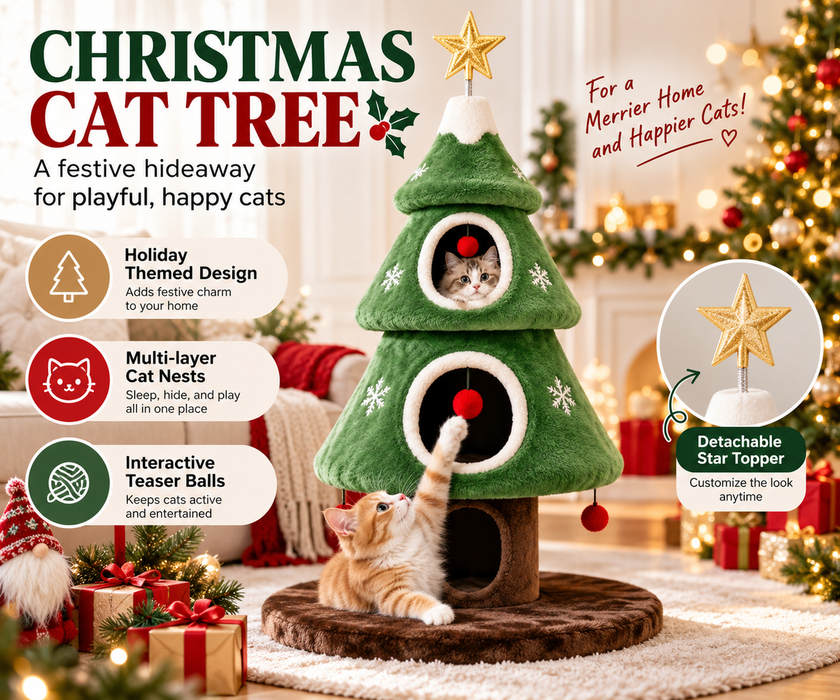 Christmas Tree Cat Tower – Cozy Multi-Level Cat Hideaway with Plush Nests & Interactive Hanging Toys