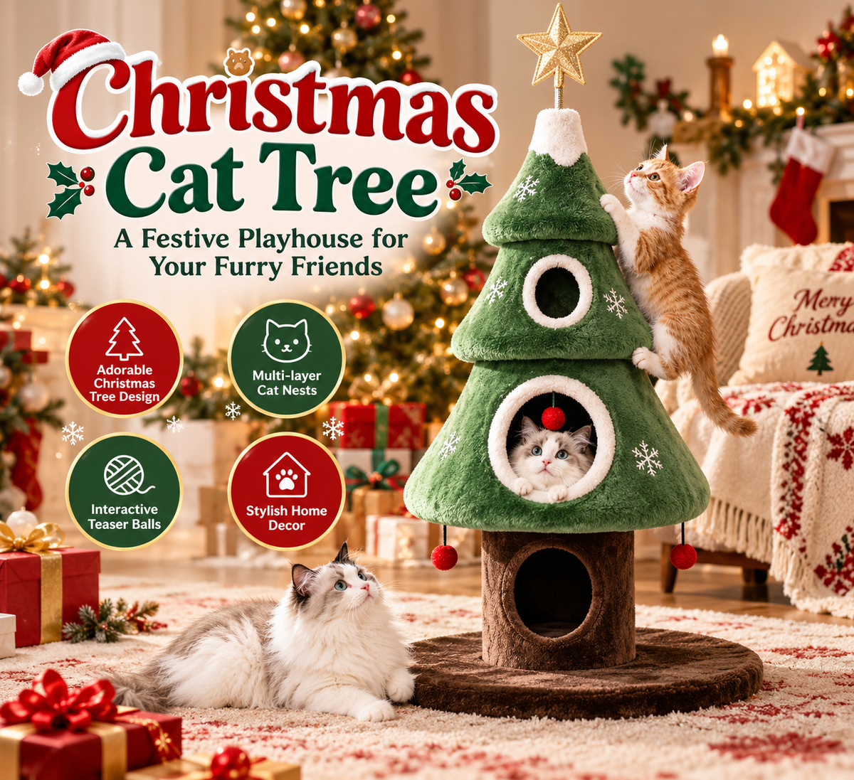 Christmas Tree Cat Tower – Cozy Multi-Level Cat Hideaway with Plush Nests & Interactive Hanging Toys
