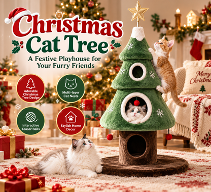 Christmas Tree Cat Tower – Cozy Multi-Level Cat Hideaway with Plush Nests & Interactive Hanging Toys