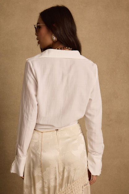 Frankie Cream Satin Jacquard Fringe Midi Skirt