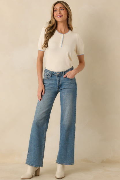 A Little Love Ivory Knit Contrast Short Sleeve Sweater
