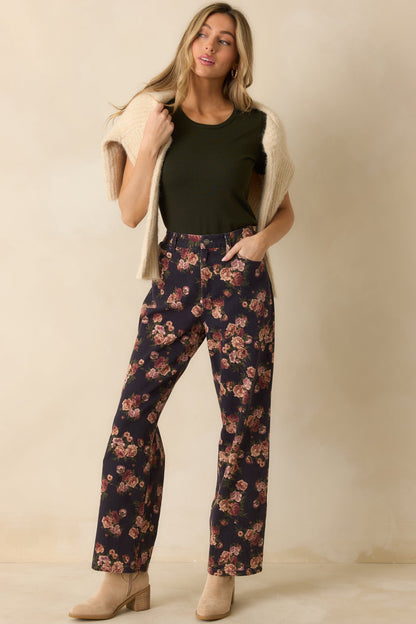 Step By Step Navy Floral Straight Leg Jeans
