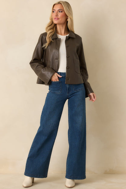 City Limits Chocolate Brown Faux Leather Button Up Jacket
