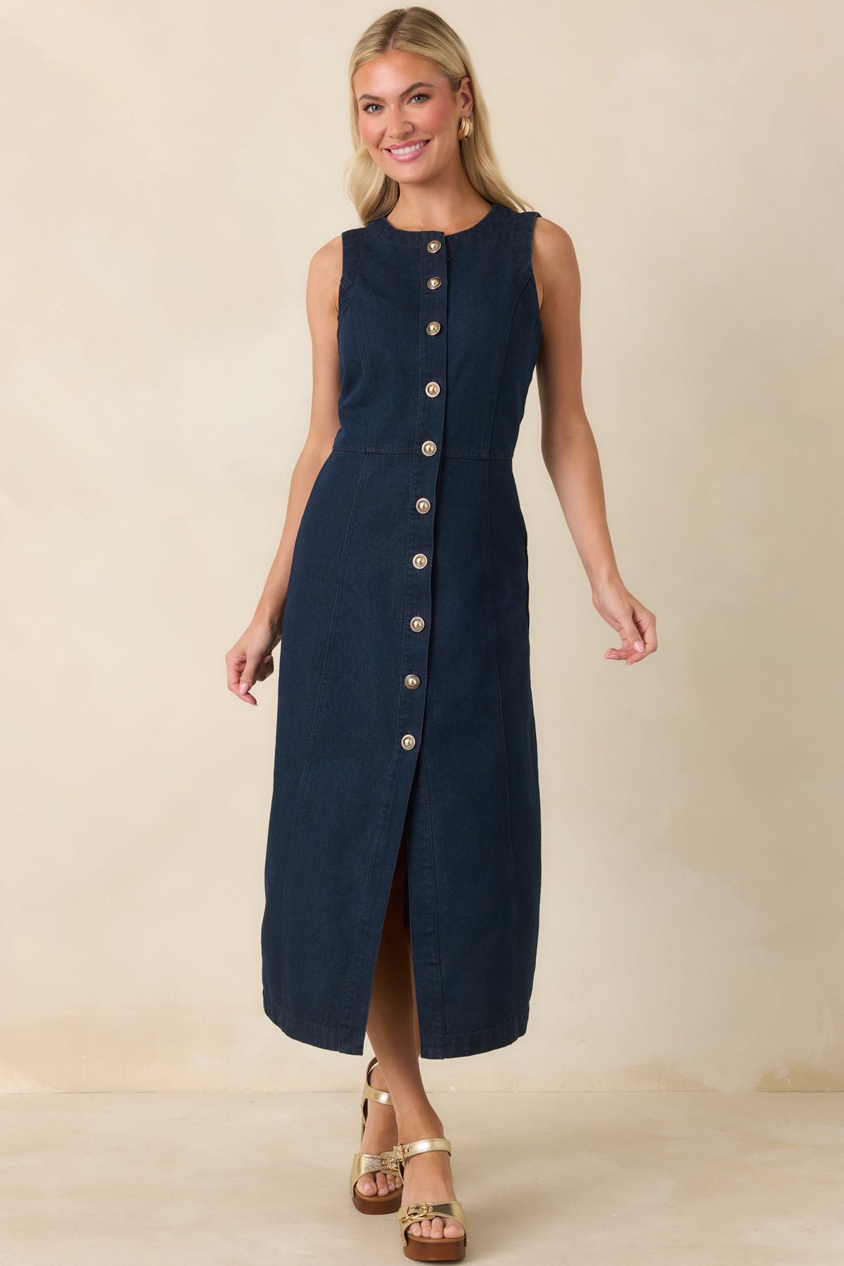 Made to Command Dark Indigo Cotton Denim Button-Front Midi Dress