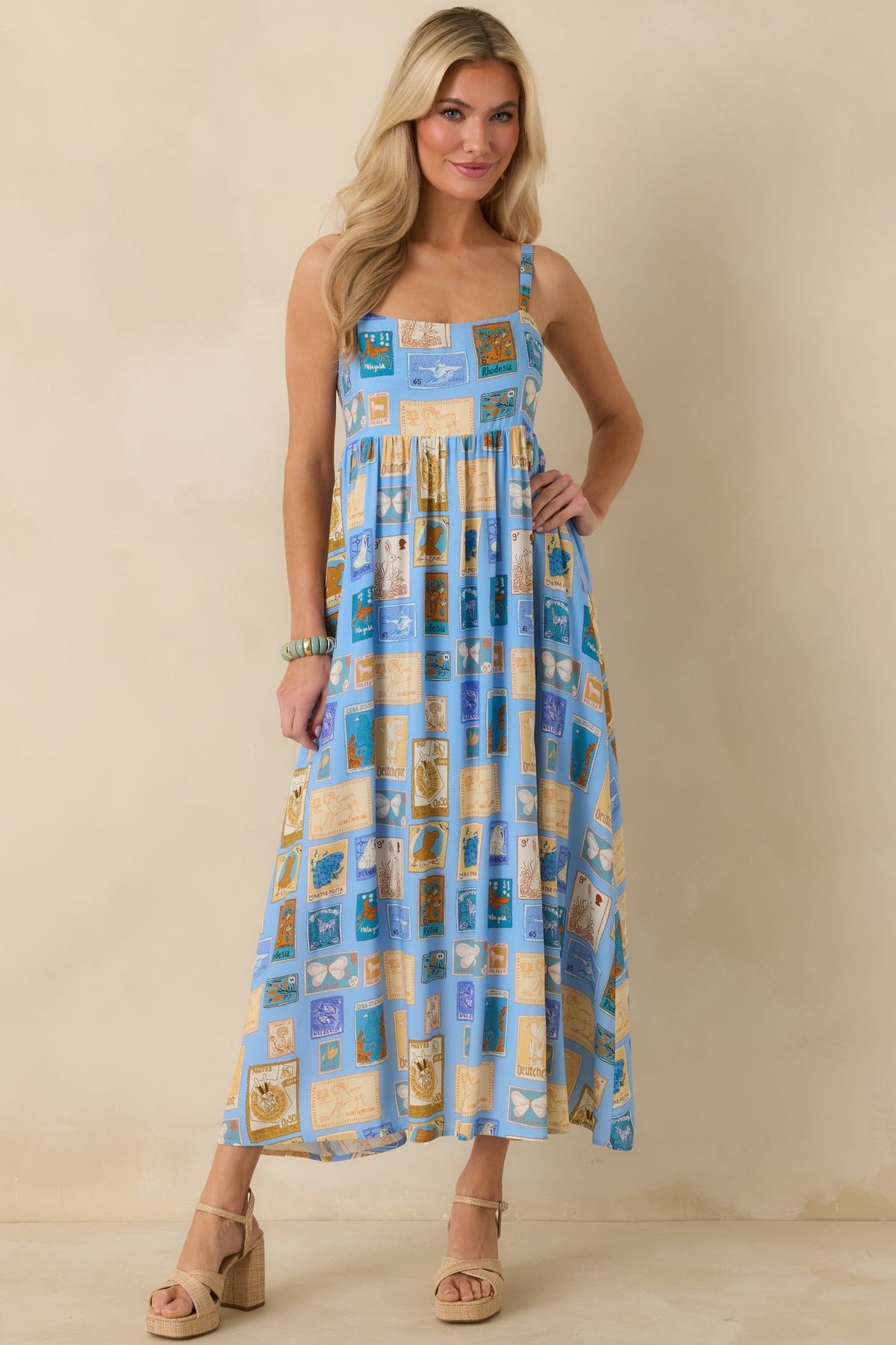 From Far & Away Blue Multi Vintage Stamp Print Midi Dress