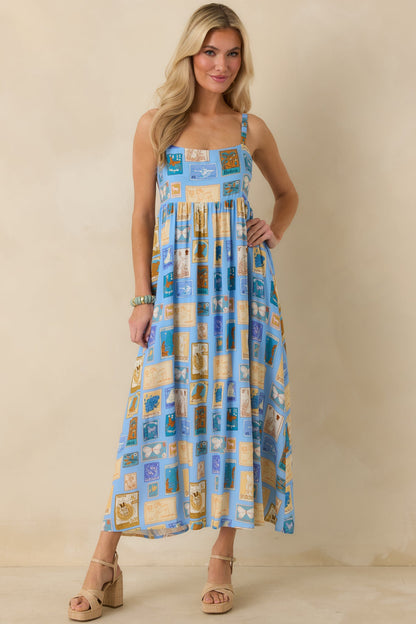From Far & Away Blue Multi Vintage Stamp Print Midi Dress