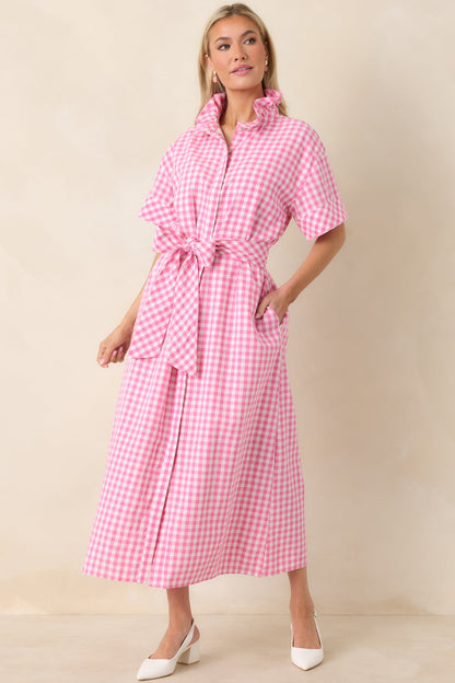 Check Me Out Pink Gingham Ruffle Collar Belted Maxi Dress