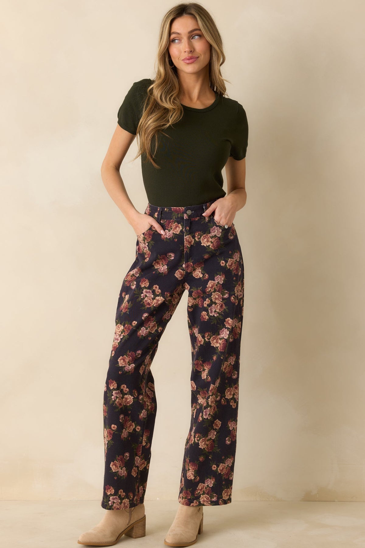 Step By Step Navy Floral Straight Leg Jeans