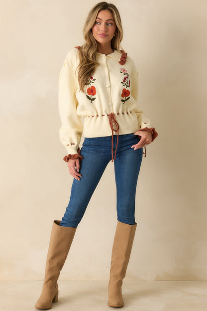 Harvest Bloom Ivory Floral Embroidered Button Up Cardigan Sweater