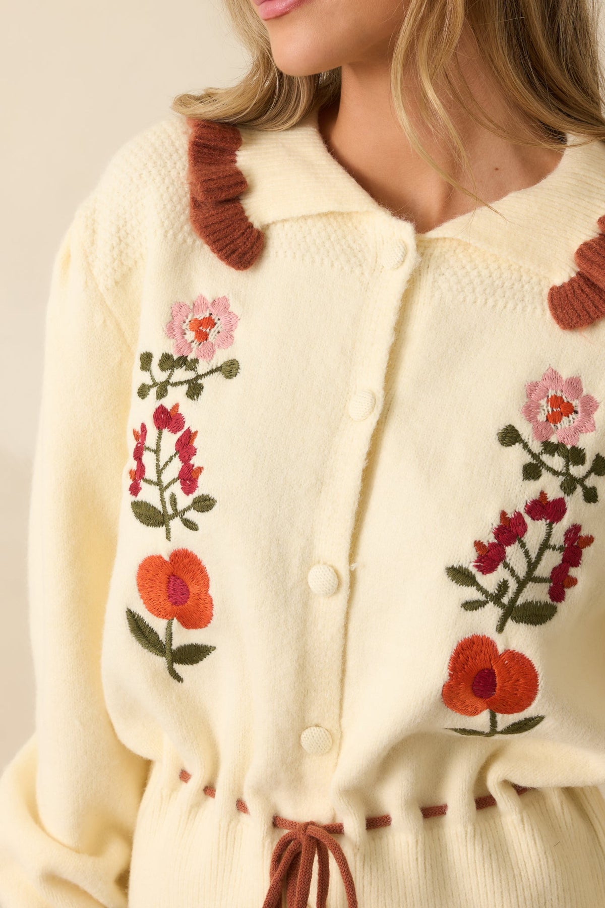 Harvest Bloom Ivory Floral Embroidered Button Up Cardigan Sweater