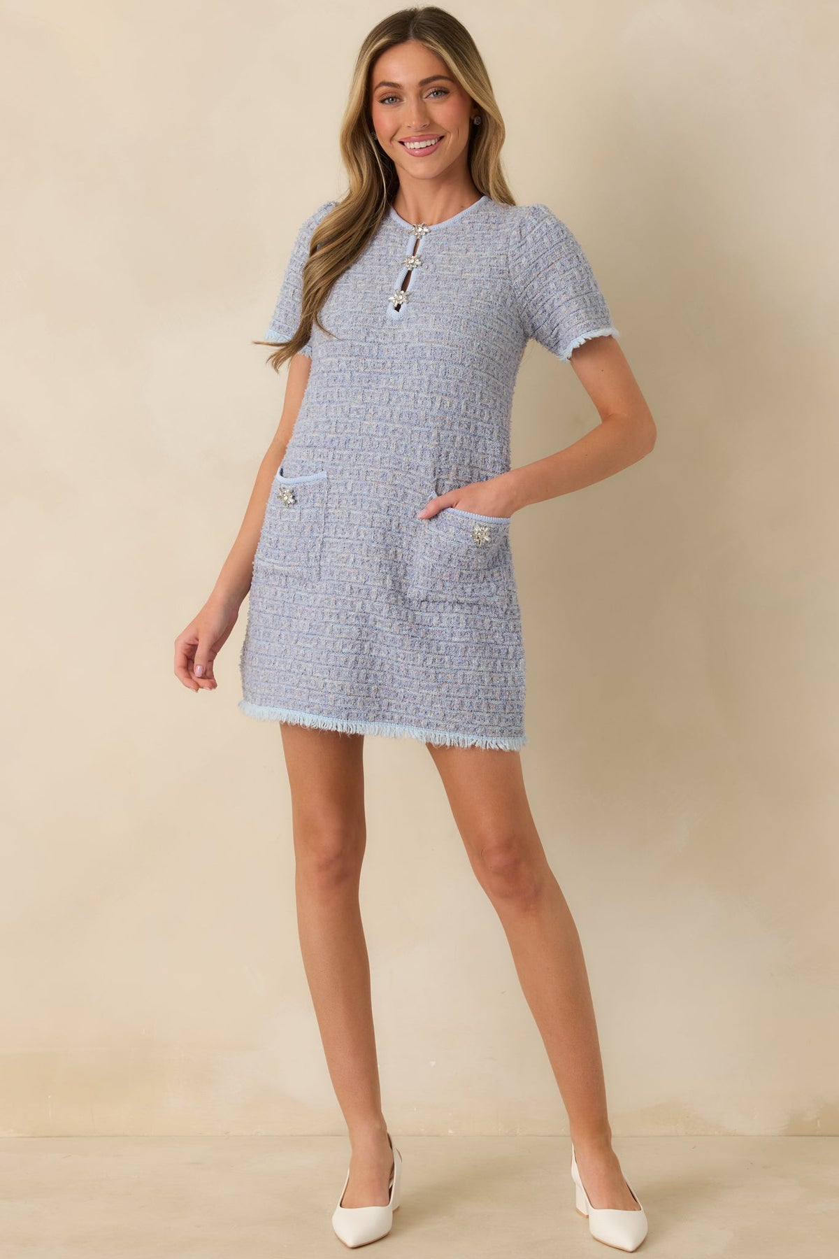 Soft Kisses Light Blue Short Sleeve Tweed Mini Dress