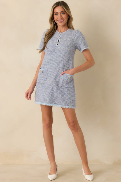 Soft Kisses Light Blue Short Sleeve Tweed Mini Dress