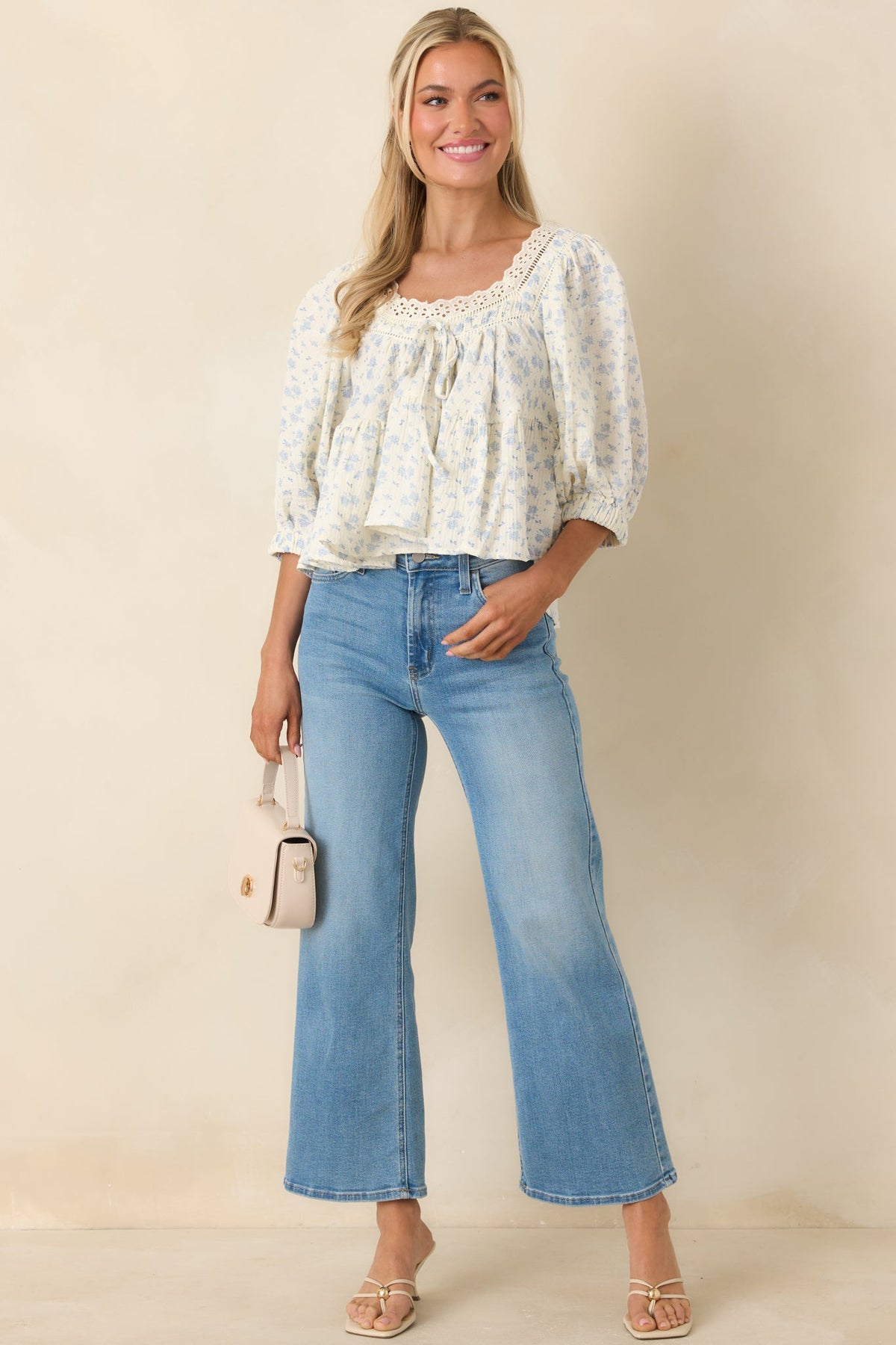 Sweetest Story Ivory & Blue Floral Cotton Blouse