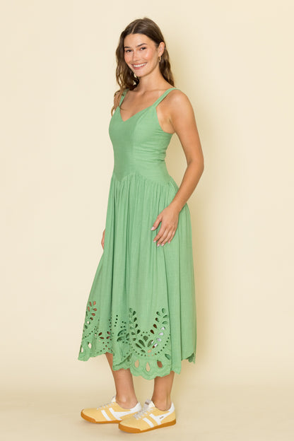 V Neck Eyelet Detail Midi Dress
