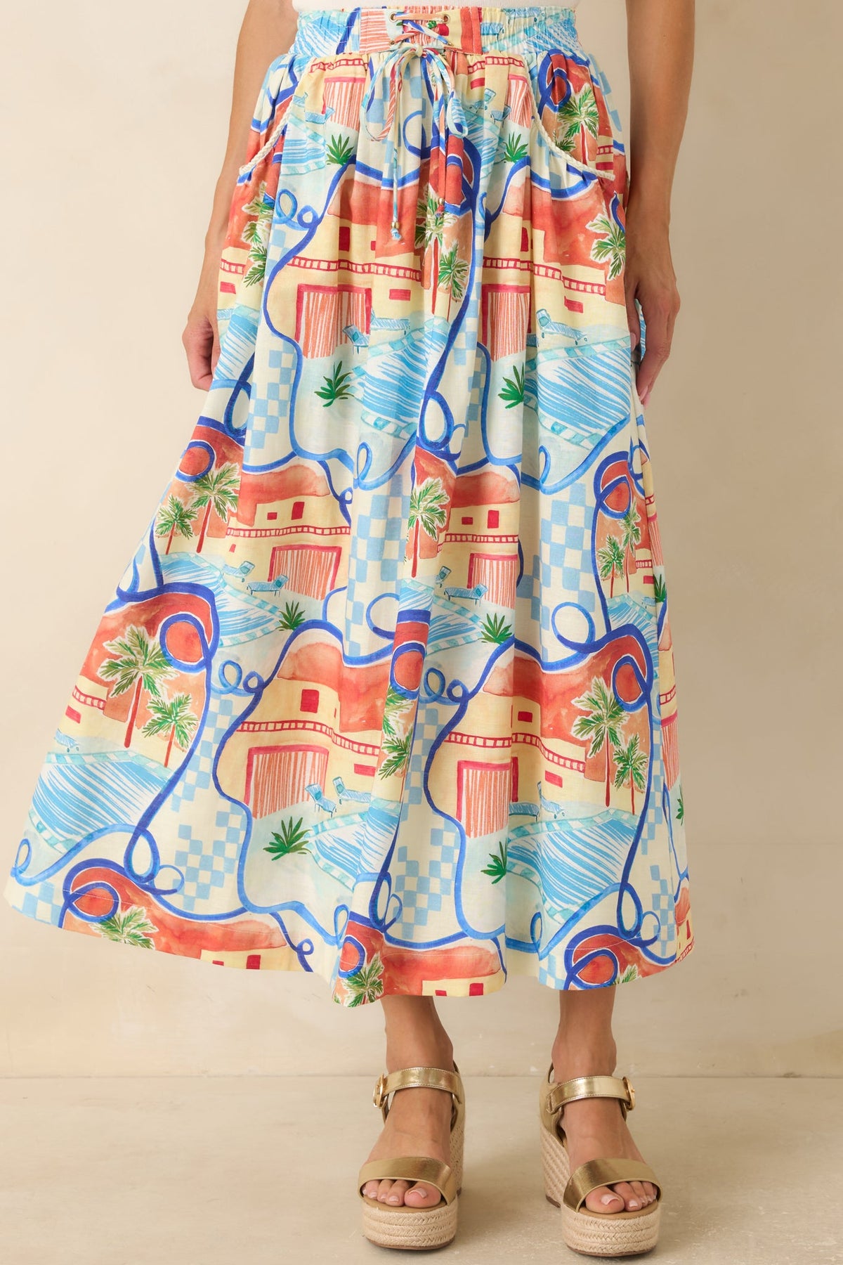 Where To Next? Coral Orange & Blue Multi Poolside Print Midi Skirt