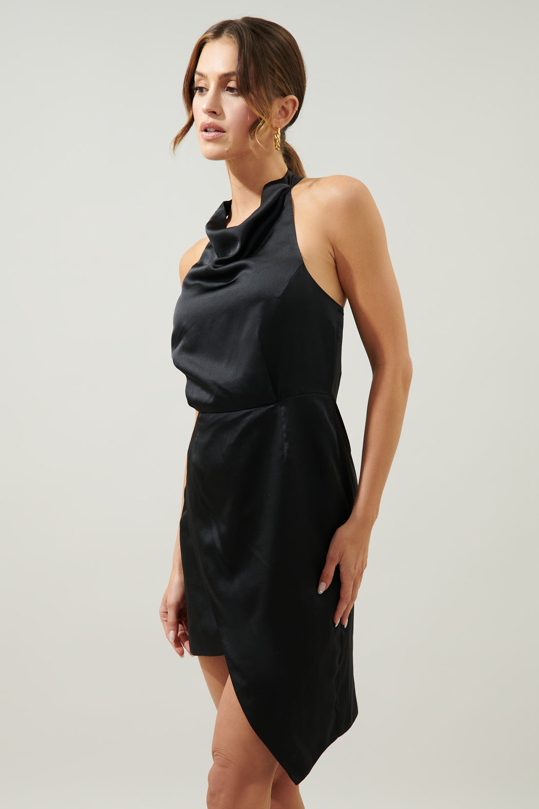 Bachata Satin Asymmetrical Hatler Mini Dress