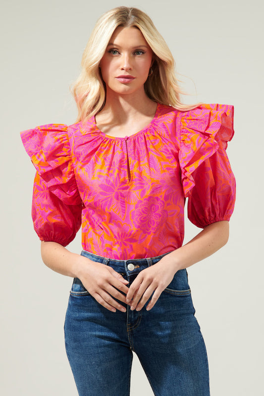 Bali Tropics Flores Poplin Ruffle Short Sleeve Top