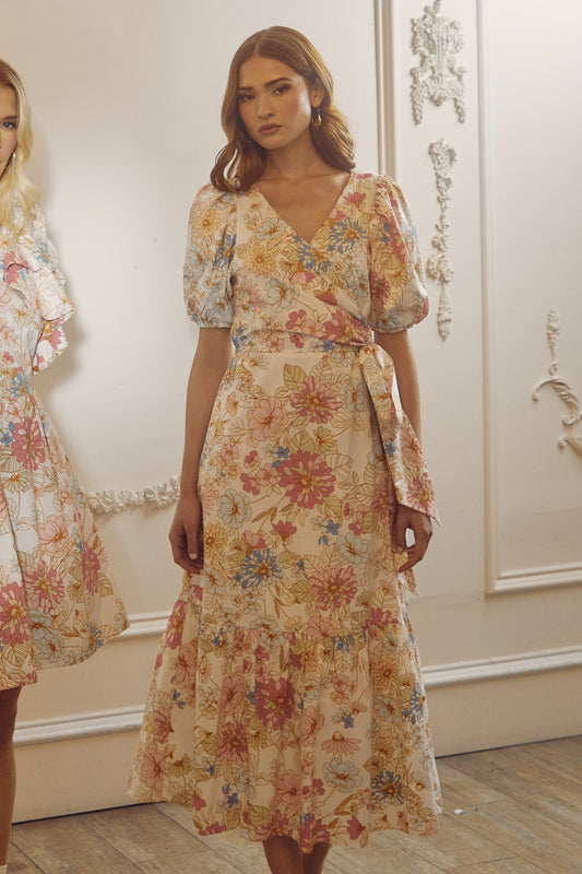 Day Lily Floral Poplin Wrap Top Midi Dress