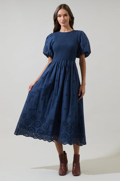Deana Eyelet Smocked Midi Dress
