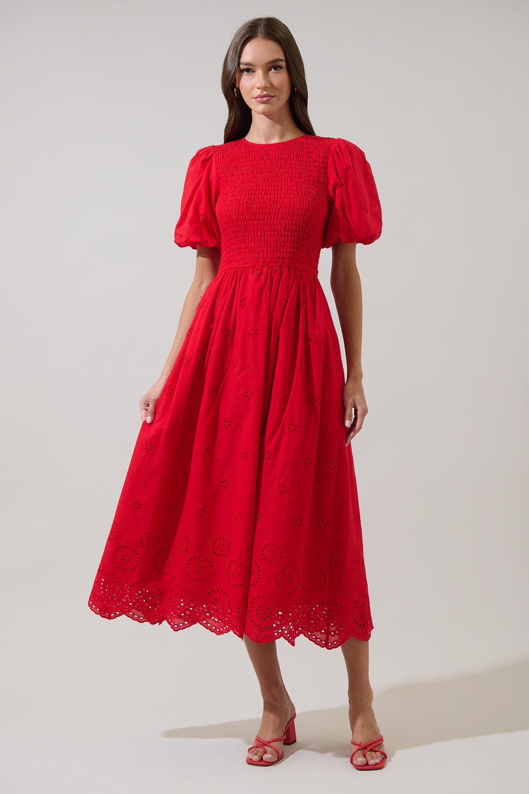 Deana Eyelet Smocked Midi Dress