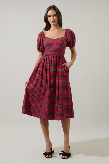 Arvada Plaid Alessi Puff Sleeve Midi Dress