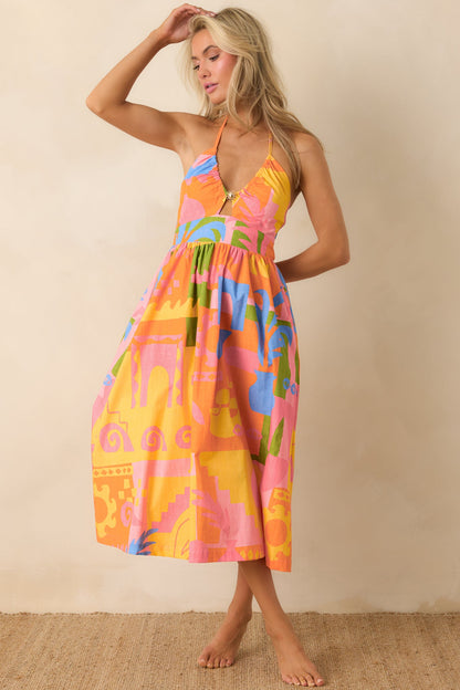 Paradisa Maldives Orange Multi Cotton Abstract Print Midi Dress
