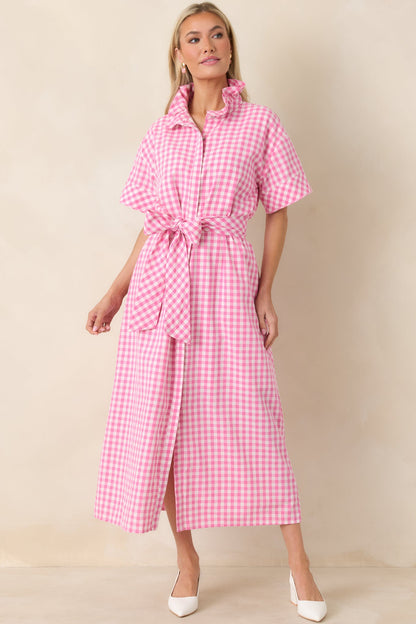 Check Me Out Pink Gingham Ruffle Collar Belted Maxi Dress