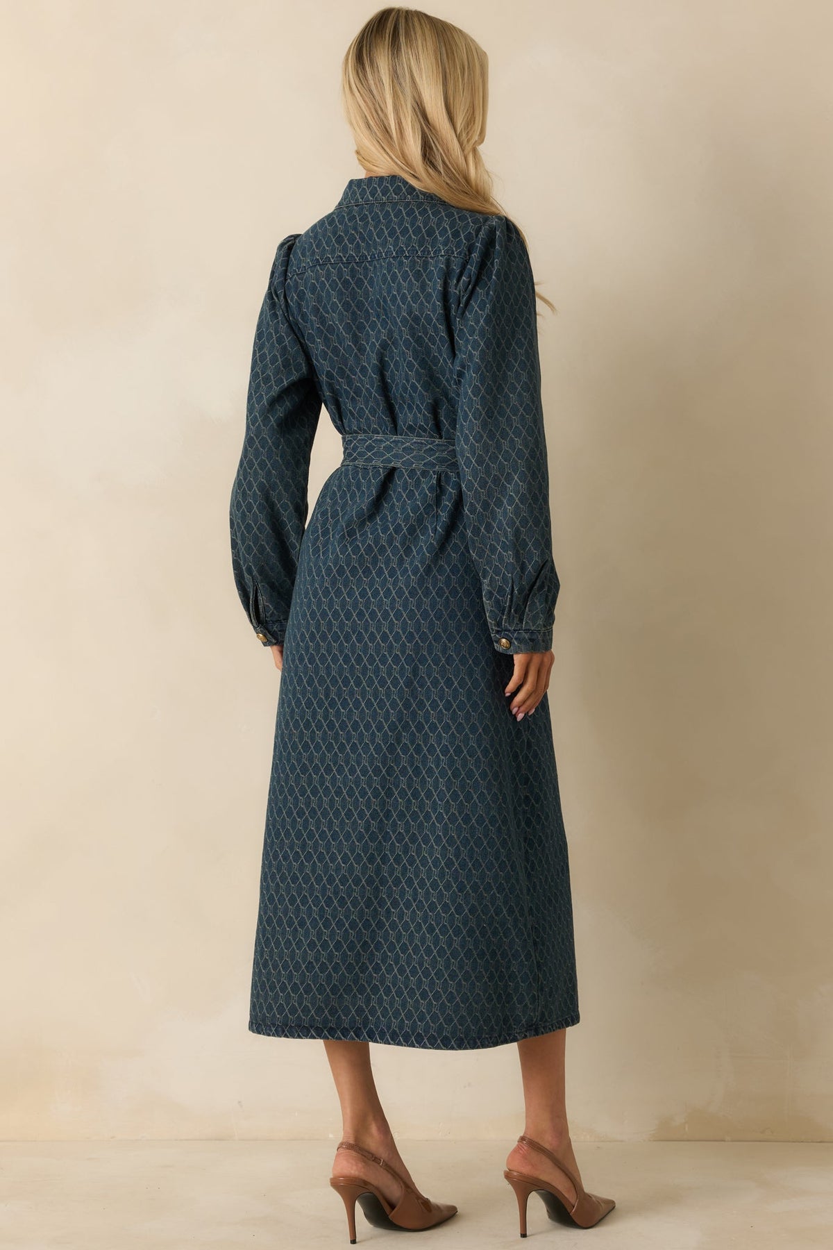 Just As I Said Blue Cotton Patterned Denim Belted Midi Dress