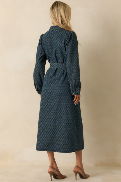 Just As I Said Blue Cotton Patterned Denim Belted Midi Dress