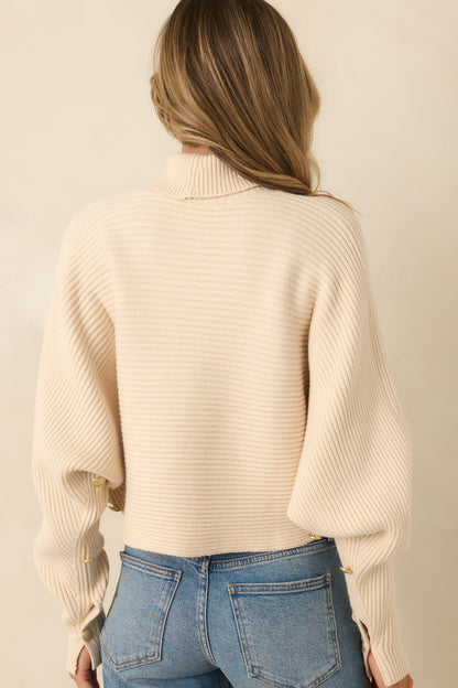 Polished Path Beige Ribbed Batwing Cropped Turtleneck Sweater