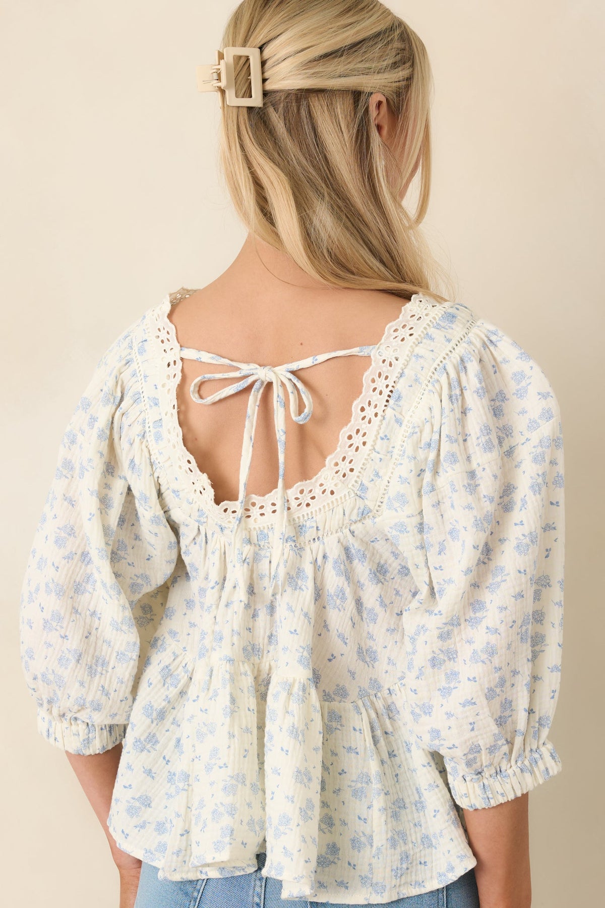 Sweetest Story Ivory & Blue Floral Cotton Blouse