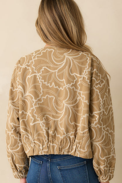 At Your Pace Tan Cotton Embroidered Zip up Jacket